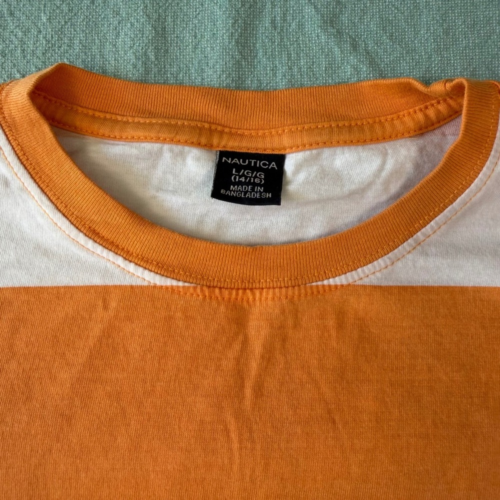 Nautica Boys Orange White Striped Short Sleeve T-Shirt Size L 14/16 Logo Tee - Picture 3 of 5